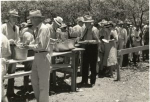 Feeding the crowds during a Ranchers Roundup field day, early 1940's.